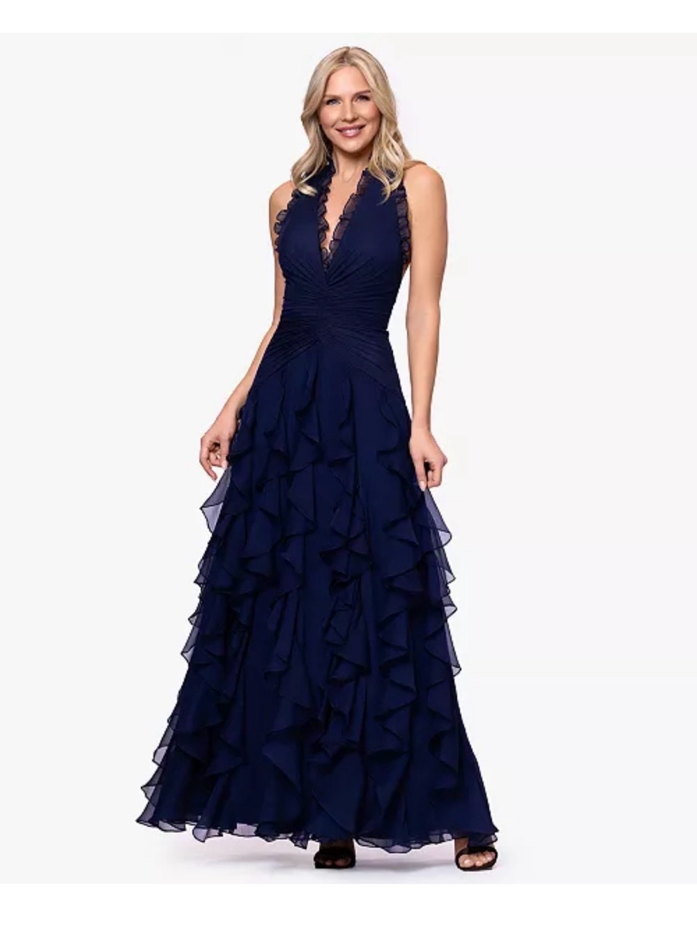 Betsy and Adam Navy Ruffled V-Neck Gown